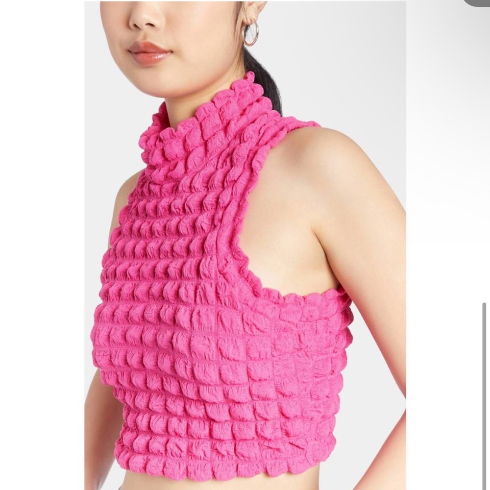 Amanda Uprichard Amiri Knit Mock Neck Tank French Rose, Bubble Square Textured